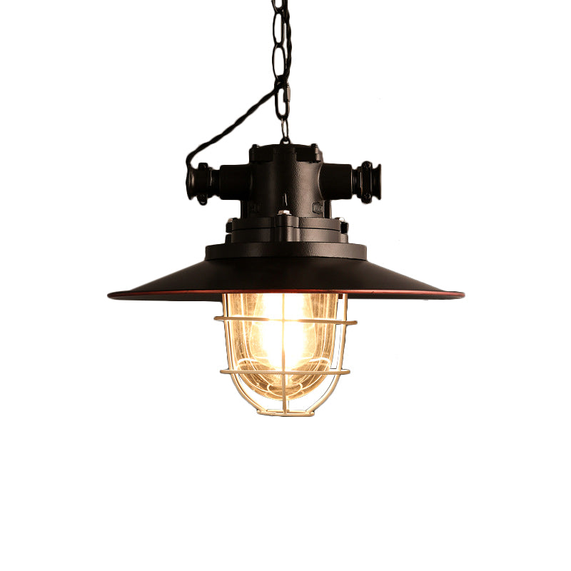 Black 1-Light Pendant Light Kit Factory Metal Saucer Hanging Lamp with White Wire Cage and Glass Shade Inside Clearhalo 'Art Deco Pendants' 'Black' 'Cast Iron' 'Ceiling Lights' 'Ceramic' 'Crystal' 'Industrial Pendants' 'Industrial' 'Metal' 'Middle Century Pendants' 'Pendant Lights' 'Pendants' 'Rustic Pendants' 'Tiffany' Lighting' 1969694