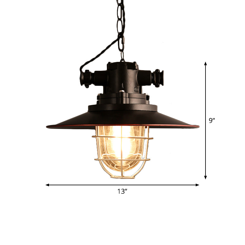 Black 1-Light Pendant Light Kit Factory Metal Saucer Hanging Lamp with White Wire Cage and Glass Shade Inside Clearhalo 'Art Deco Pendants' 'Black' 'Cast Iron' 'Ceiling Lights' 'Ceramic' 'Crystal' 'Industrial Pendants' 'Industrial' 'Metal' 'Middle Century Pendants' 'Pendant Lights' 'Pendants' 'Rustic Pendants' 'Tiffany' Lighting' 1969695
