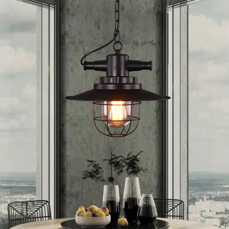 Single-Bulb Saucer Pendulum Light Industrial Black Iron Ceiling Pendant with Cage and Clear Glass Shade Clearhalo 'Art Deco Pendants' 'Black' 'Cast Iron' 'Ceiling Lights' 'Ceramic' 'Crystal' 'Industrial Pendants' 'Industrial' 'Metal' 'Middle Century Pendants' 'Pendant Lights' 'Pendants' 'Rustic Pendants' 'Tiffany' Lighting' 1969699