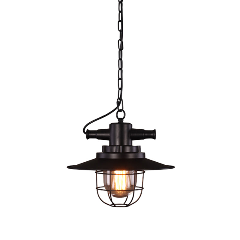 Single-Bulb Saucer Pendulum Light Industrial Black Iron Ceiling Pendant with Cage and Clear Glass Shade Clearhalo 'Art Deco Pendants' 'Black' 'Cast Iron' 'Ceiling Lights' 'Ceramic' 'Crystal' 'Industrial Pendants' 'Industrial' 'Metal' 'Middle Century Pendants' 'Pendant Lights' 'Pendants' 'Rustic Pendants' 'Tiffany' Lighting' 1969700