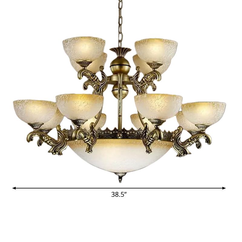 Frosted Patterned Glass Bowl Drop Lamp Rustic 15-Light Living Room Ceiling Chandelier in Bronze Clearhalo 'Ceiling Lights' 'Chandeliers' Lighting' options 1969796