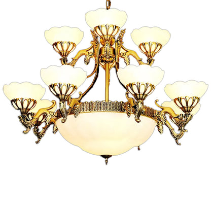 15 Bulbs 2-Tiered Scalloped Chandelier Traditional Brass Cream Glass Hanging Lamp for Living Room Brass Clearhalo 'Ceiling Lights' 'Chandeliers' Lighting' options 1969797_dc943cc5-0526-4b0f-87a6-8e1718988659