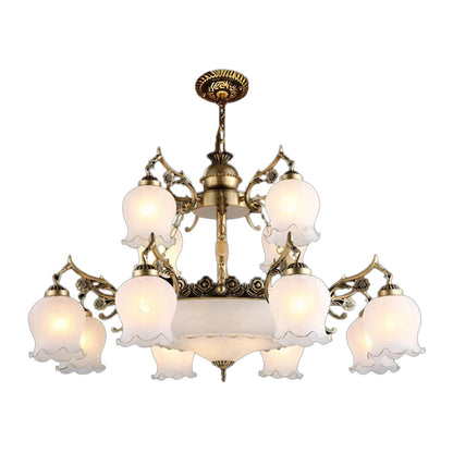Bronze 15 Lights Chandelier Rural Opal Glass Tiered Flowerbud Shaped Drop Lamp for Restaurant Bronze Clearhalo 'Ceiling Lights' 'Chandeliers' Lighting' options 1969809_c37b8309-826f-4f10-8e6f-55467d7d52c1