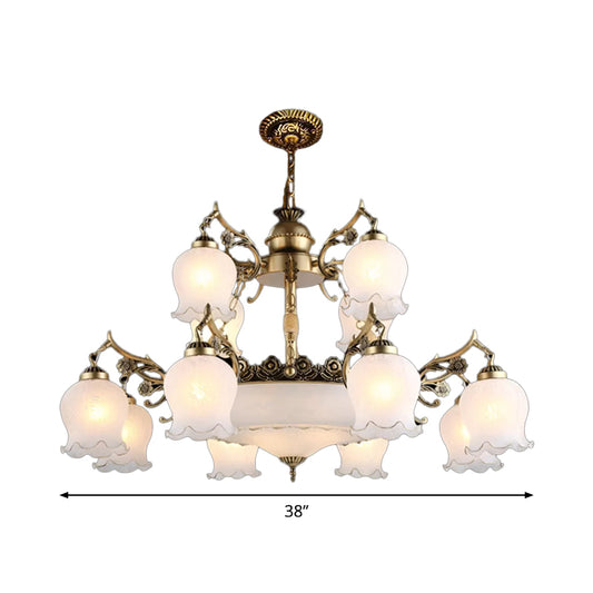 Bronze 15 Lights Chandelier Rural Opal Glass Tiered Flowerbud Shaped Drop Lamp for Restaurant Clearhalo 'Ceiling Lights' 'Chandeliers' Lighting' options 1969811