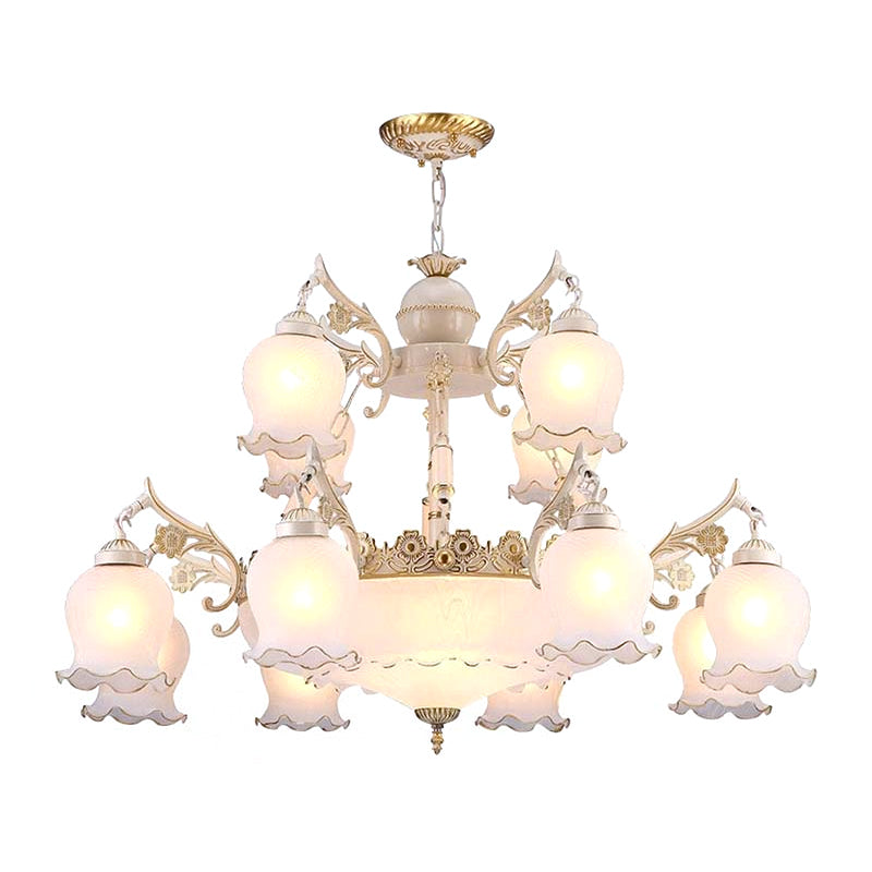 15-Head Suspension Pendant Light Traditional 2-Tier Bud Shaped Milk Glass Chandelier in White White Clearhalo 'Ceiling Lights' 'Chandeliers' Lighting' options 1969812_55d71b61-ebee-4c34-a9a5-f099c03d03a2