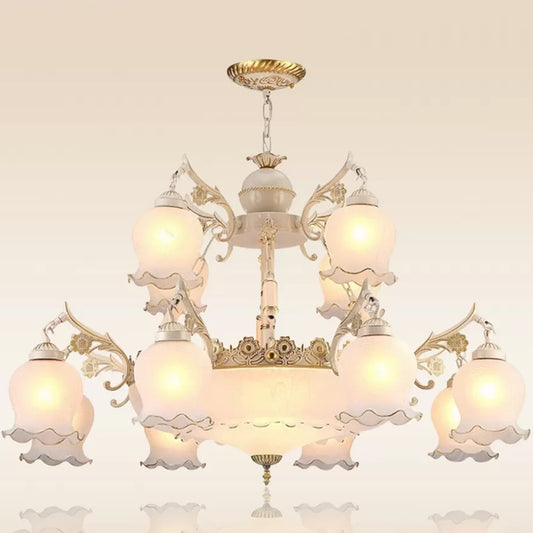 15-Head Suspension Pendant Light Traditional 2-Tier Bud Shaped Milk Glass Chandelier in White Clearhalo 'Ceiling Lights' 'Chandeliers' Lighting' options 1969813