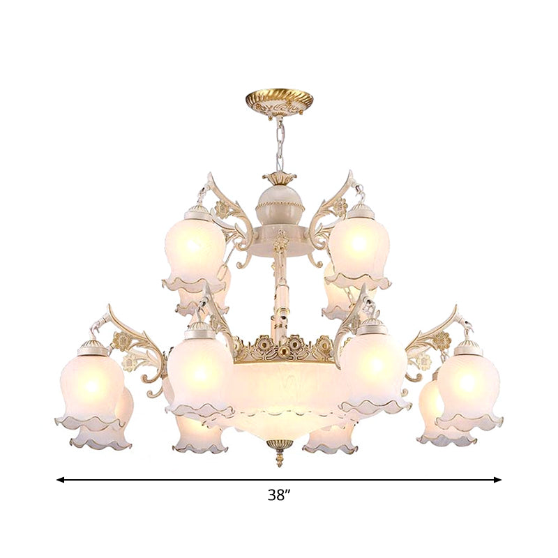 15-Head Suspension Pendant Light Traditional 2-Tier Bud Shaped Milk Glass Chandelier in White Clearhalo 'Ceiling Lights' 'Chandeliers' Lighting' options 1969814