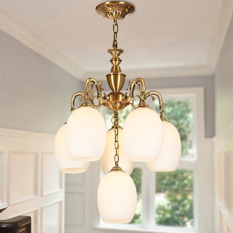 4/6-Bulb Oval Chandelier Lighting Vintage Bronze Finish Frosted White Glass Down Lighting Pendant 6 Bronze Clearhalo 'Ceiling Lights' 'Chandeliers' Lighting' options 1969819_c9b4ab7a-0c08-4a43-a3bb-998d96c84a35
