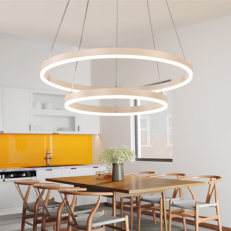 2/3 Tiers Aluminum Pendant Light Fixture Minimalistic White/Coffee LED Chandelier Lamp for Dining Room White 2 Tiers Clearhalo 'Ceiling Lights' 'Chandeliers' 'Modern Chandeliers' 'Modern' Lighting' 1969899