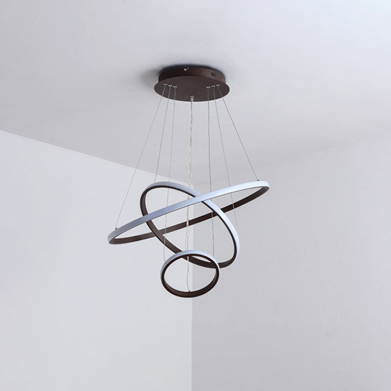 White/Coffee Circle Small/Large Chandelier Minimalist 3-Head Acrylic LED Ceiling Suspension Lamp Clearhalo 'Ceiling Lights' 'Chandeliers' 'Modern Chandeliers' 'Modern' Lighting' 1969990