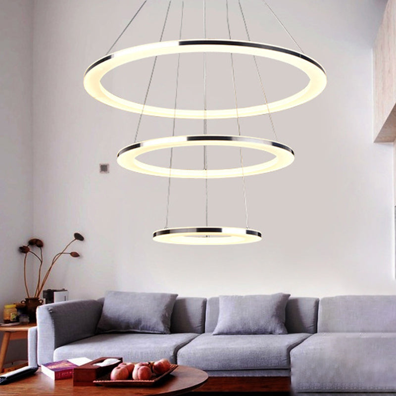Silver Circle LED Chandelier Pendant Minimal 3 Lights Acrylic Small/Large Hanging Lamp in Warm/White Light Clearhalo 'Ceiling Lights' 'Chandeliers' 'Modern Chandeliers' 'Modern' Lighting' 1970023