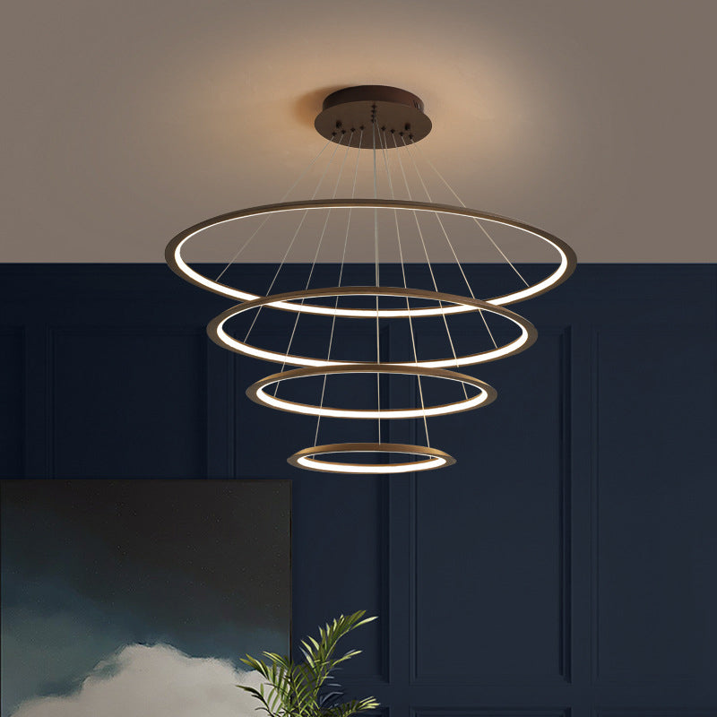 Acrylic 3/4-Tiered Loop Ceiling Hang Light Simplicity Gold/Coffee LED Pendant Chandelier for Living Room Coffee 4 Tiers Clearhalo 'Ceiling Lights' 'Chandeliers' 'Modern Chandeliers' 'Modern' Lighting' 1970032