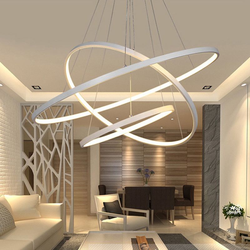Height Adjustable 3-Tier Circle Chandelier Simple Style Metal Bedroom LED Hanging Light in Black/White Clearhalo 'Ceiling Lights' 'Chandeliers' 'Modern Chandeliers' 'Modern' Lighting' 1970051