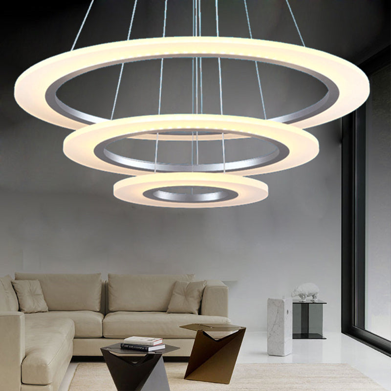 Simple 3-Layered Round Ceiling Pendant Acrylic Living Room LED Chandelier in Silver Silver Clearhalo 'Ceiling Lights' 'Chandeliers' 'Modern Chandeliers' 'Modern' Lighting' 1970060