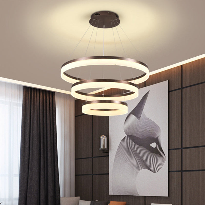 1/2/3-Tier Circle Chandelier Light Minimalistic Acrylic Brown LED Pendant Light Kit for Bedroom Brown 3 Tiers Clearhalo 'Ceiling Lights' 'Chandeliers' 'Modern Chandeliers' 'Modern' Lighting' 1970065