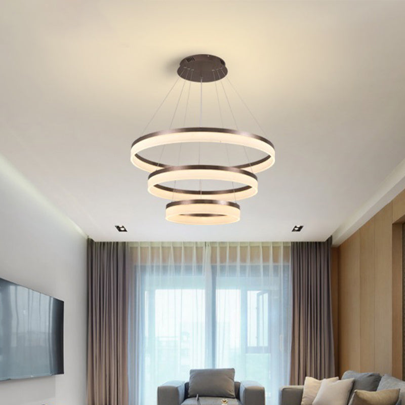 1/2/3-Tier Circle Chandelier Light Minimalistic Acrylic Brown LED Pendant Light Kit for Bedroom Clearhalo 'Ceiling Lights' 'Chandeliers' 'Modern Chandeliers' 'Modern' Lighting' 1970067