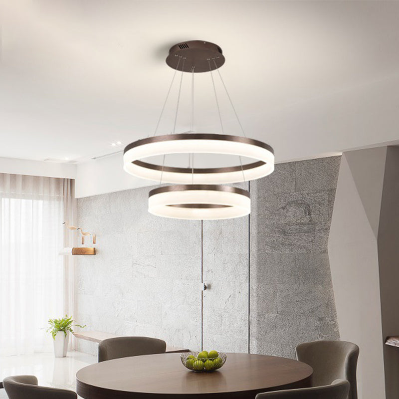 1/2/3-Tier Circle Chandelier Light Minimalistic Acrylic Brown LED Pendant Light Kit for Bedroom Brown 2 Tiers Clearhalo 'Ceiling Lights' 'Chandeliers' 'Modern Chandeliers' 'Modern' Lighting' 1970070