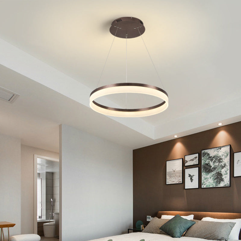 1/2/3-Tier Circle Chandelier Light Minimalistic Acrylic Brown LED Pendant Light Kit for Bedroom Brown 1 Tier Clearhalo 'Ceiling Lights' 'Chandeliers' 'Modern Chandeliers' 'Modern' Lighting' 1970074