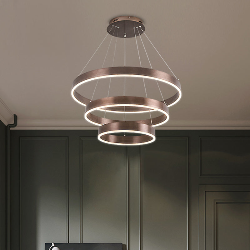 Circular Living Room LED Chandelier Metal 3 Heads Minimalist Suspension Pendant Light in Coffee/Gold Coffee Clearhalo 'Ceiling Lights' 'Chandeliers' 'Modern Chandeliers' 'Modern' Lighting' 1970078