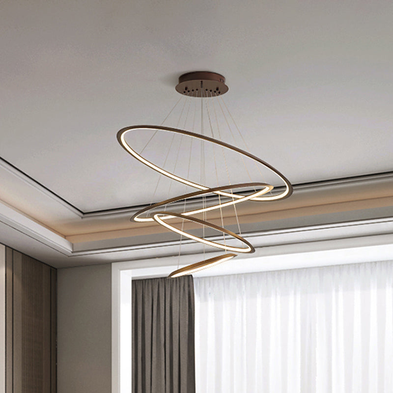 3/4 Tiers Slim Hoop Pendant Lighting Simple Aluminum Living Room LED Chandelier in Gold/Coffee Coffee 4 Tiers Clearhalo 'Ceiling Lights' 'Chandeliers' 'Modern Chandeliers' 'Modern' Lighting' 1970086