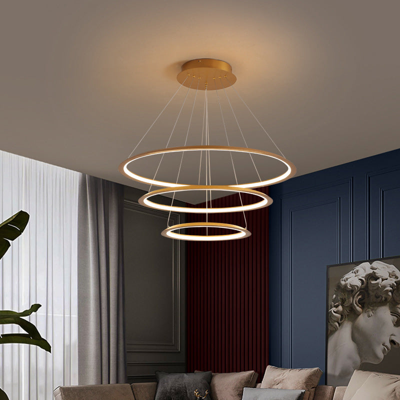 3/4 Tiers Slim Hoop Pendant Lighting Simple Aluminum Living Room LED Chandelier in Gold/Coffee Gold 3 Tiers Clearhalo 'Ceiling Lights' 'Chandeliers' 'Modern Chandeliers' 'Modern' Lighting' 1970091