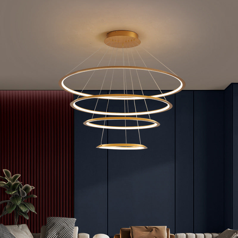 3/4 Tiers Slim Hoop Pendant Lighting Simple Aluminum Living Room LED Chandelier in Gold/Coffee Gold 4 Tiers Clearhalo 'Ceiling Lights' 'Chandeliers' 'Modern Chandeliers' 'Modern' Lighting' 1970096