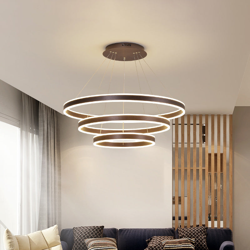 Simplicity 2/3-Tier Hanging Pendant Metal Sitting Room LED Circle Chandelier Lamp in Coffee Clearhalo 'Ceiling Lights' 'Chandeliers' 'Modern Chandeliers' 'Modern' Lighting' 1970119