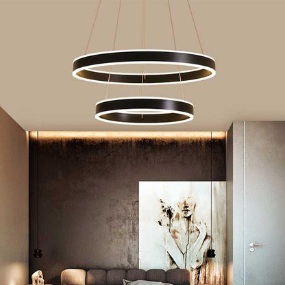 2/3-Tier Bedroom Ceiling Pendant Aluminum Modernist LED Hoop Hanging Chandelier in Black Black 2 Tiers Clearhalo 'Ceiling Lights' 'Chandeliers' 'Modern Chandeliers' 'Modern' Lighting' 1970161
