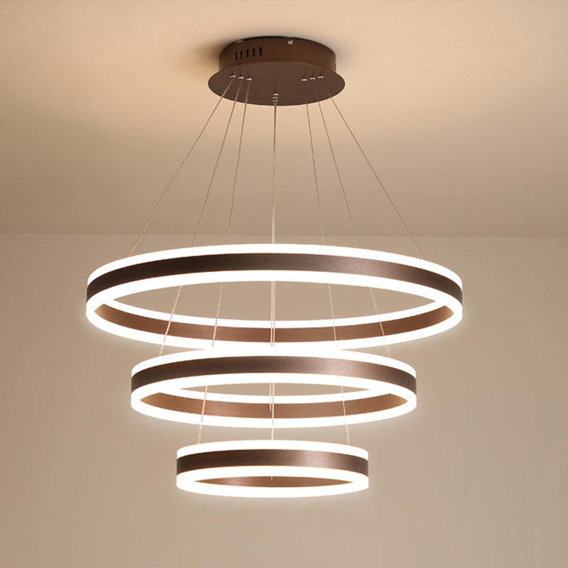 2/3 Tiered LED Chandelier Simplicity Acrylic Living Room Circle Ceiling Suspension Lamp in Coffee Coffee 3 Tiers Clearhalo 'Ceiling Lights' 'Chandeliers' 'Modern Chandeliers' 'Modern' Lighting' 1970165