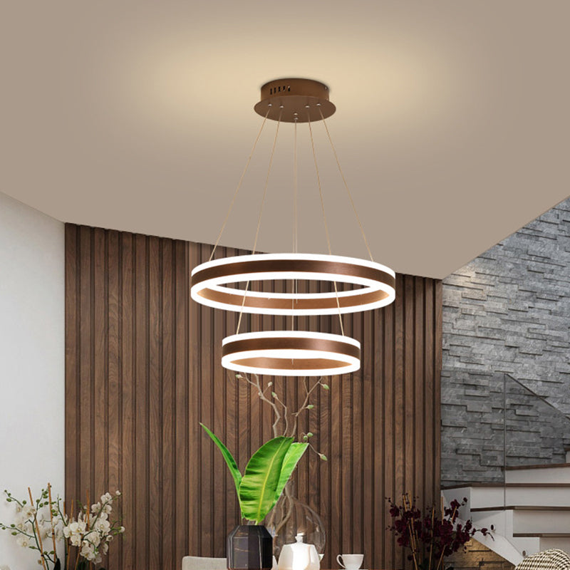 2/3 Tiered LED Chandelier Simplicity Acrylic Living Room Circle Ceiling Suspension Lamp in Coffee Coffee 2 Tiers Clearhalo 'Ceiling Lights' 'Chandeliers' 'Modern Chandeliers' 'Modern' Lighting' 1970170