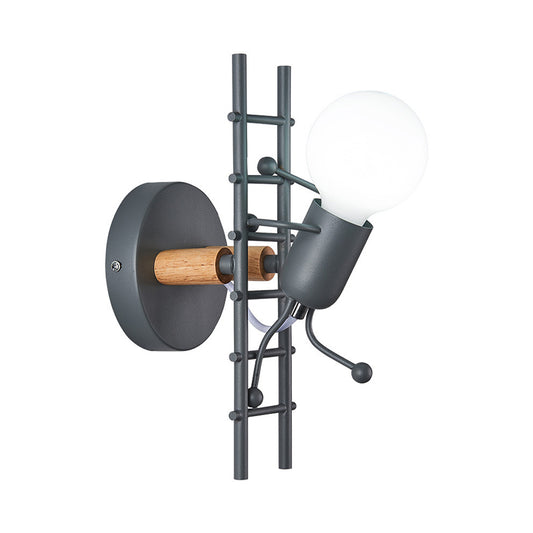 Grey/White and Wood Ladder Man Wall Sconce Cartoon 1-Bulb Metallic Wall Mounted Light Fixture Clearhalo 'Wall Lamps & Sconces' 'Wall Lights' Lighting' 1970281