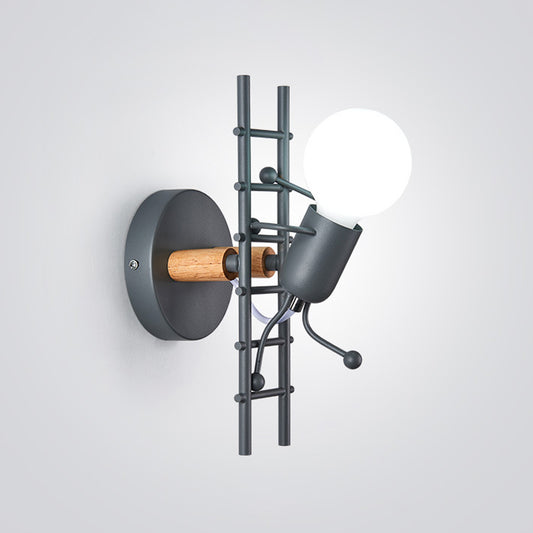Grey/White and Wood Ladder Man Wall Sconce Cartoon 1-Bulb Metallic Wall Mounted Light Fixture Clearhalo 'Wall Lamps & Sconces' 'Wall Lights' Lighting' 1970282