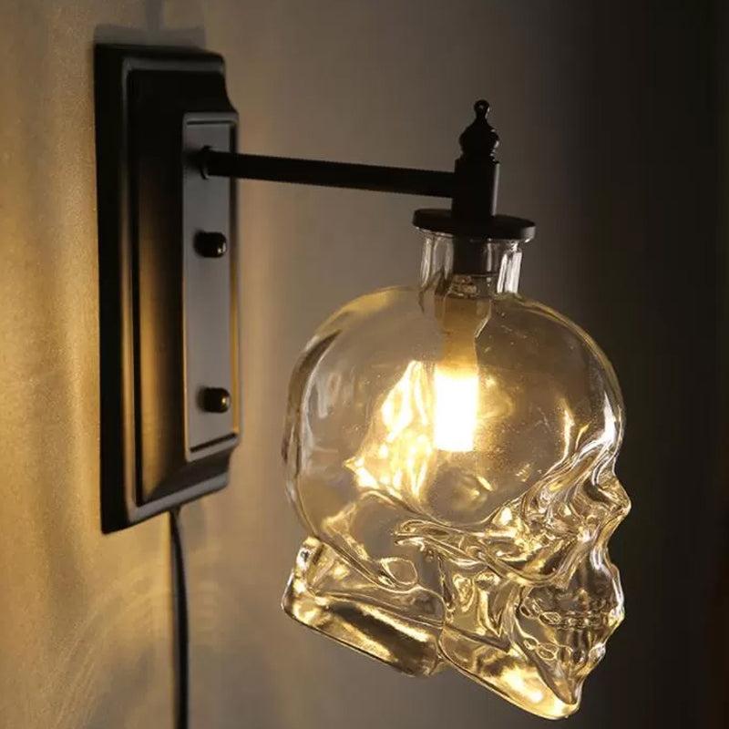 Clear Glass Skull Sconce Lamp Decorative 1-Light Black Wall Mounted Lighting Fixture Clearhalo 'Wall Lamps & Sconces' 'Wall Lights' Lighting' 1970337