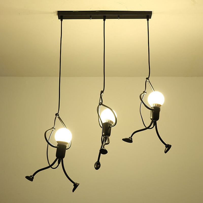 Small Man Hanging Ceiling Light Artistic Metallic 1/3-Head Bedroom Pendant in Black Black C Clearhalo 'Ceiling Lights' 'Pendant Lights' 'Pendants' Lighting' 1970403_c556887d-e5c6-4a0b-96e5-45e59cd9c06b