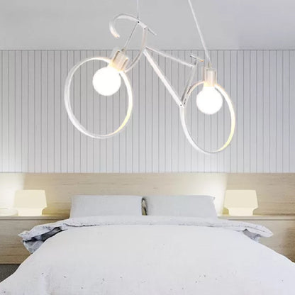 Black/White Bicycle Pendant Lamp Art Deco 2 Heads Metal Hanging Ceiling Light for Childrens Room White Clearhalo 'Ceiling Lights' 'Pendant Lights' 'Pendants' Lighting' 1970527_61e94501-b618-4d28-9e90-4d0ec4427067