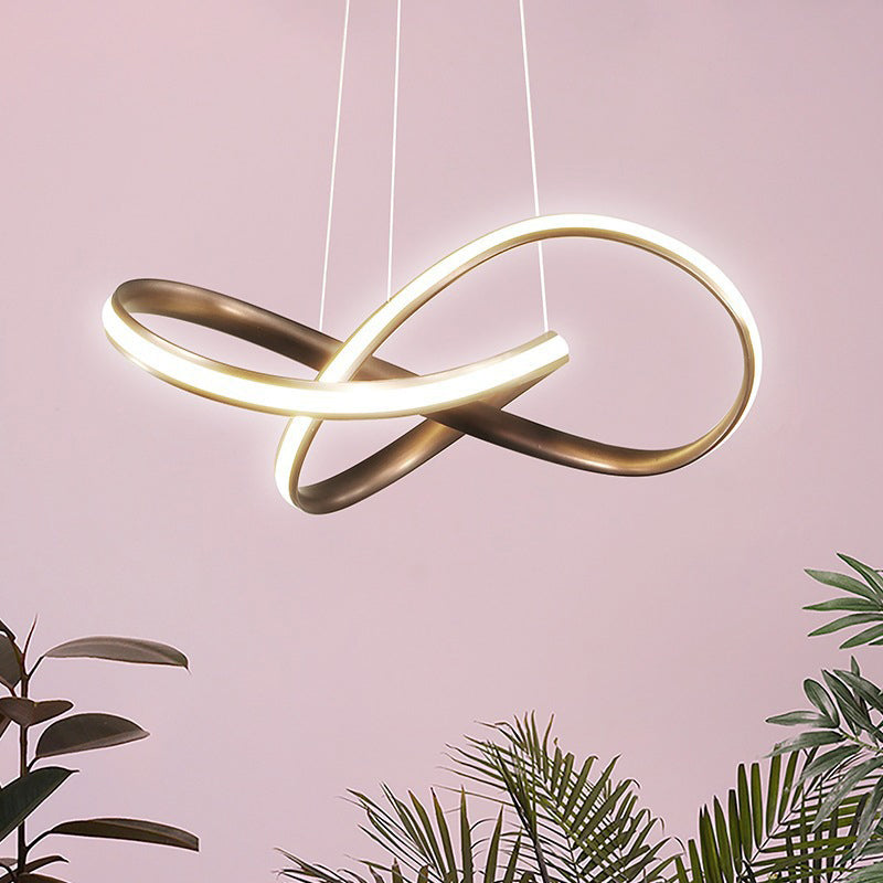 Entwined Chandelier Light Modern Style Aluminum LED Dining Room Drop Lamp in Black/White/Coffee, 19.5"/27.5" W Coffee Clearhalo 'Ceiling Lights' 'Chandeliers' 'Modern Chandeliers' 'Modern' Lighting' 1970785