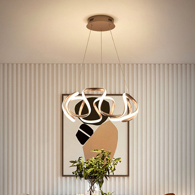 Coffee Twisted Linear Chandelier Pendant Minimalistic Aluminum LED Hanging Ceiling Light in Warm/White Light Coffee A Clearhalo 'Ceiling Lights' 'Chandeliers' 'Modern Chandeliers' 'Modern' Lighting' 1970824