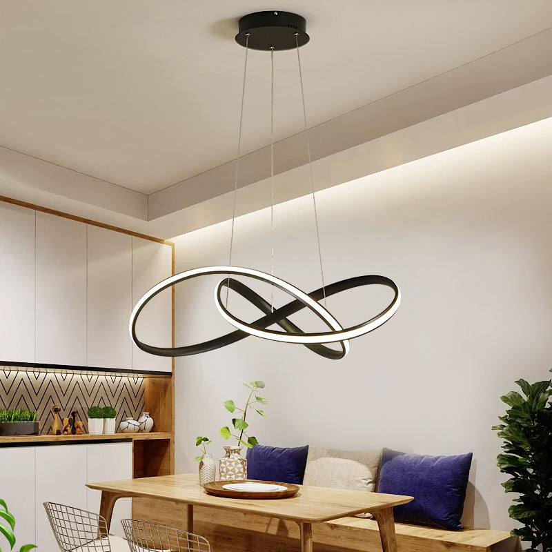 19.5"/27.5" W Simplicity LED Hanging Chandelier Black/White Twisted Pendant Lamp with Acrylic Shade, Warm/White Light Black Clearhalo 'Ceiling Lights' 'Chandeliers' 'Modern Chandeliers' 'Modern' Lighting' 1970836