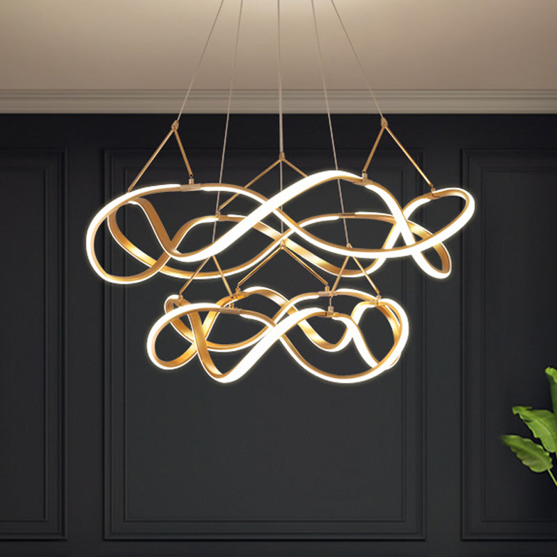 Chrome/Gold Twined 1/2-Tier Chandelier Minimalist Metal LED Hanging Pendant Light for Dining Room, 31"/43" Wide Gold 2 Tiers Clearhalo 'Ceiling Lights' 'Chandeliers' 'Modern Chandeliers' 'Modern' Lighting' 1970857