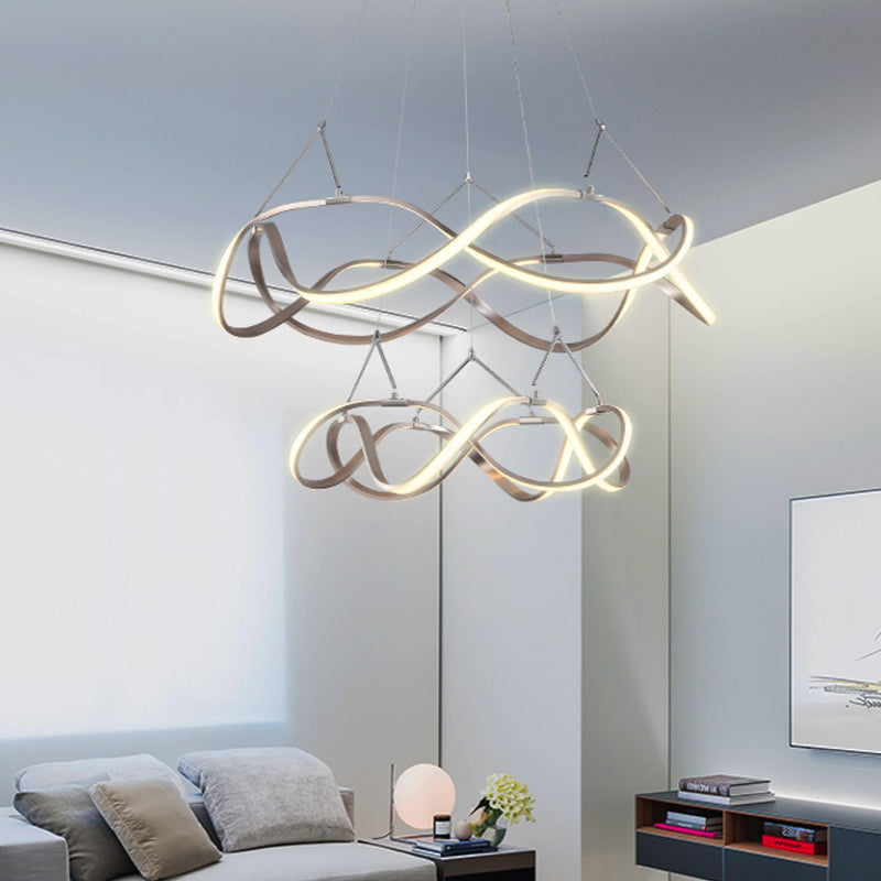 Chrome/Gold Twined 1/2-Tier Chandelier Minimalist Metal LED Hanging Pendant Light for Dining Room, 31"/43" Wide Chrome 2 Tiers Clearhalo 'Ceiling Lights' 'Chandeliers' 'Modern Chandeliers' 'Modern' Lighting' 1970862