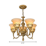 Bronze 5-Light Up Chandelier Antiqued Style Frosted Glass Flared Ceiling Hang Lamp Clearhalo 'Ceiling Lights' 'Chandeliers' Lighting' options 1970933