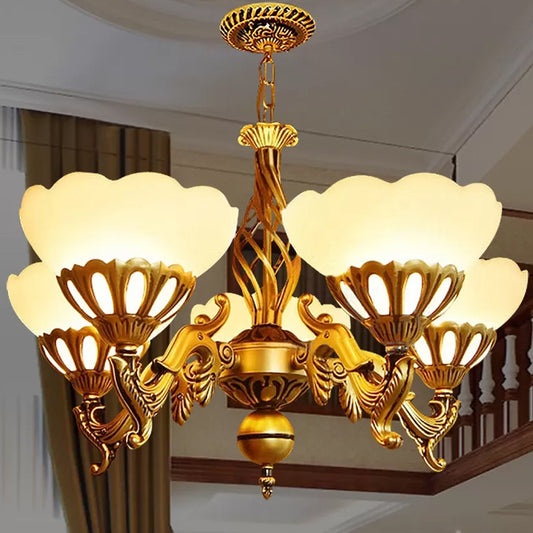 5-Light Up Chandelier Traditional Sitting Room Hanging Light with Scalloped Cream Glass Shade in Gold Clearhalo 'Ceiling Lights' 'Chandeliers' Lighting' options 1970954
