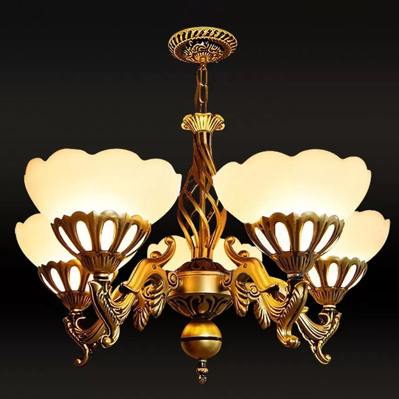 5-Light Up Chandelier Traditional Sitting Room Hanging Light with Scalloped Cream Glass Shade in Gold Clearhalo 'Ceiling Lights' 'Chandeliers' Lighting' options 1970955