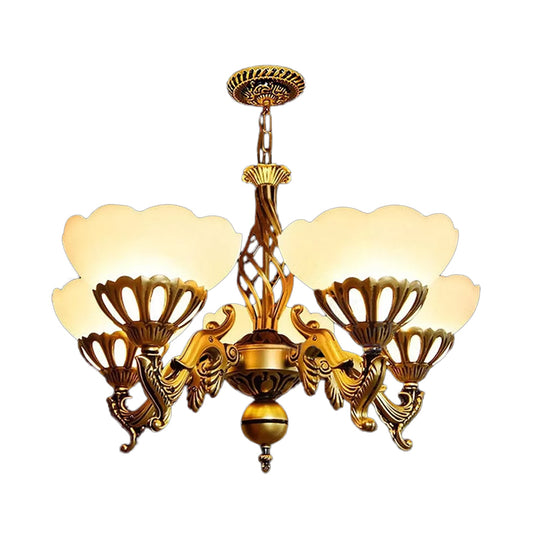 5-Light Up Chandelier Traditional Sitting Room Hanging Light with Scalloped Cream Glass Shade in Gold Clearhalo 'Ceiling Lights' 'Chandeliers' Lighting' options 1970956