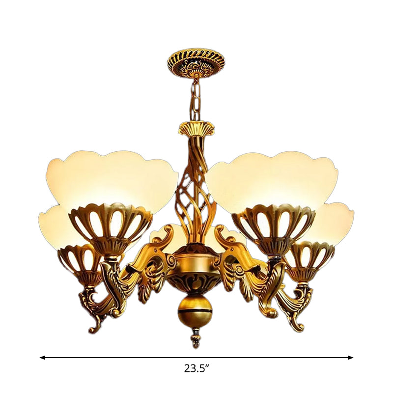 5-Light Up Chandelier Traditional Sitting Room Hanging Light with Scalloped Cream Glass Shade in Gold Clearhalo 'Ceiling Lights' 'Chandeliers' Lighting' options 1970957