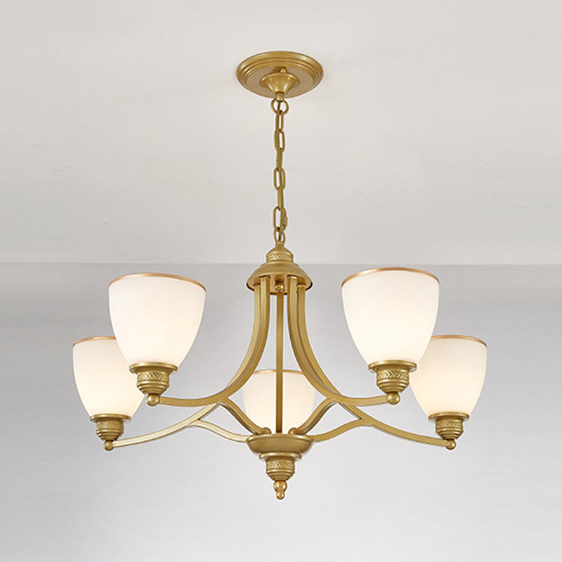 3/6/8-Light Milky Glass Chandelier Classic Black/Gold Bell Dining Room Suspension Pendant Light 5 Gold Clearhalo 'Ceiling Lights' 'Chandeliers' Lighting' options 1970966_add1b0b7-0c08-49b5-9b57-8c7fb667bc36