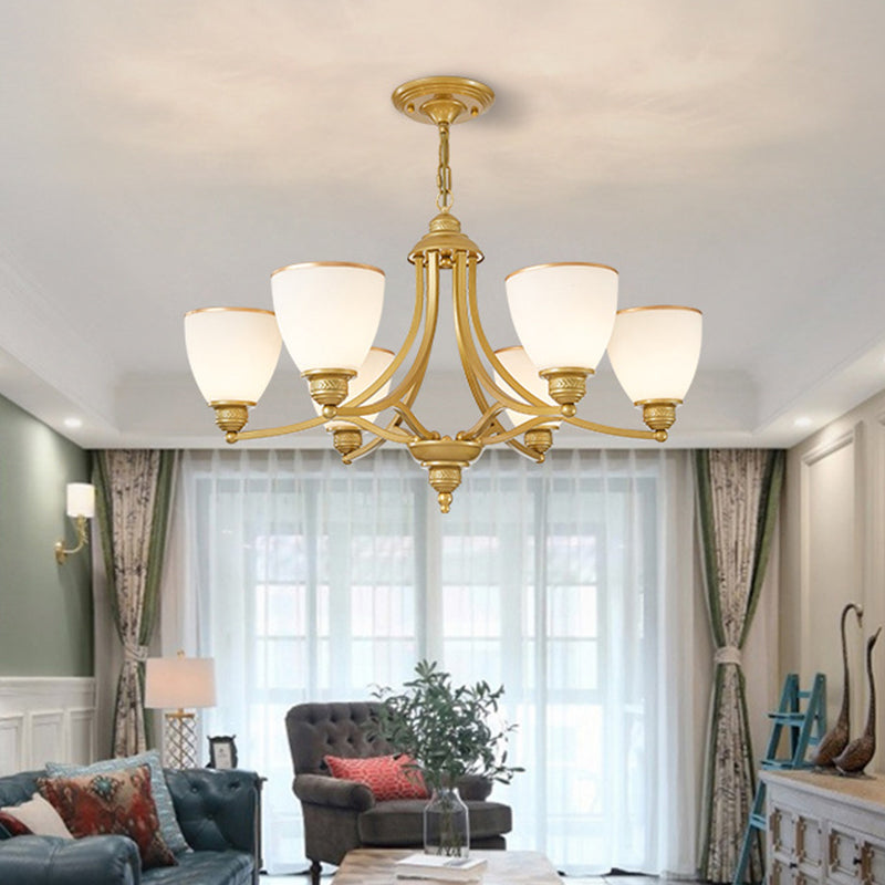 3/6/8-Light Milky Glass Chandelier Classic Black/Gold Bell Dining Room Suspension Pendant Light Clearhalo 'Ceiling Lights' 'Chandeliers' Lighting' options 1970969