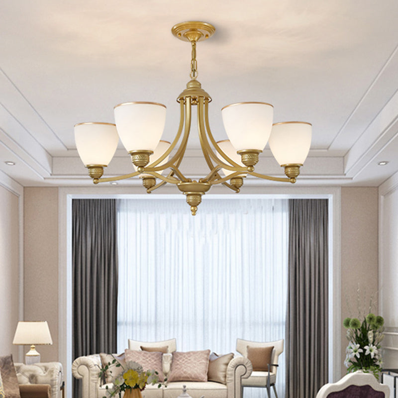 3/6/8-Light Milky Glass Chandelier Classic Black/Gold Bell Dining Room Suspension Pendant Light Clearhalo 'Ceiling Lights' 'Chandeliers' Lighting' options 1970970