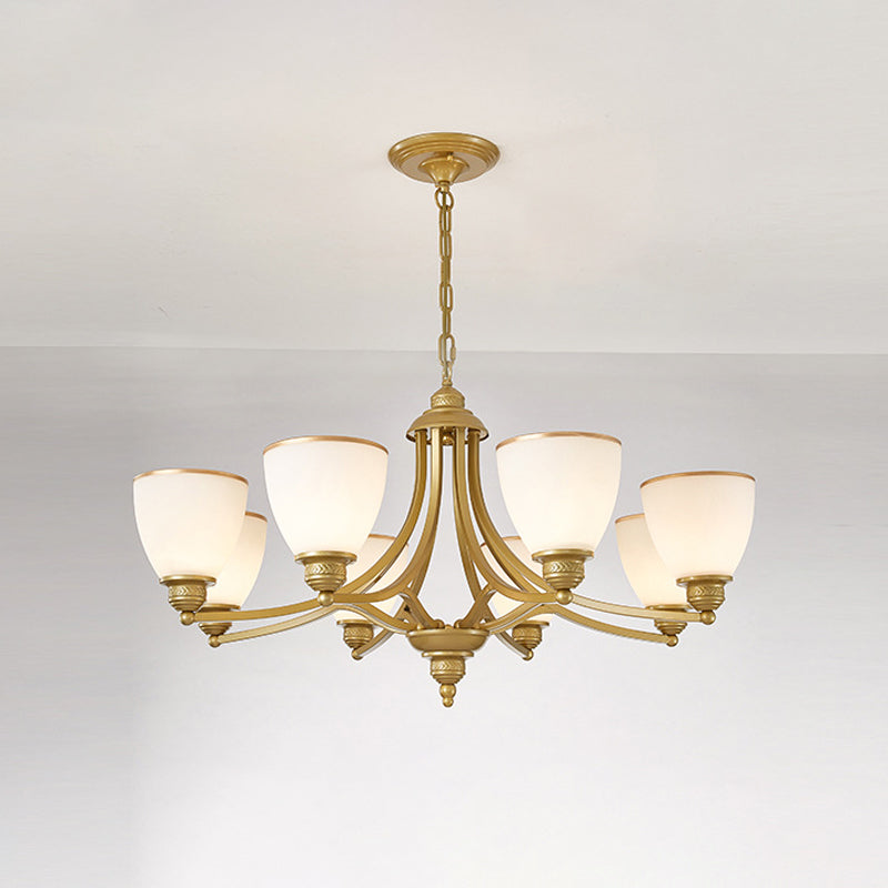 3/6/8-Light Milky Glass Chandelier Classic Black/Gold Bell Dining Room Suspension Pendant Light 8 Gold Clearhalo 'Ceiling Lights' 'Chandeliers' Lighting' options 1970974_67b5c178-a2ba-45c0-8ff9-fec1b060a17c