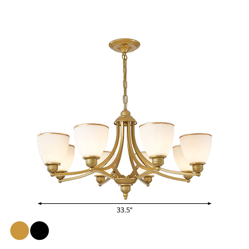 3/6/8-Light Milky Glass Chandelier Classic Black/Gold Bell Dining Room Suspension Pendant Light Clearhalo 'Ceiling Lights' 'Chandeliers' Lighting' options 1970976